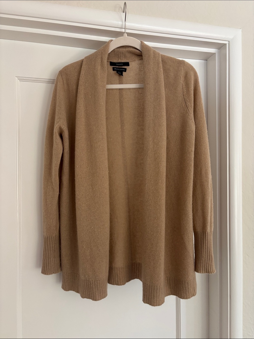 Tahari Beige Open-Front Shawl Collar Cashmere Cardigan